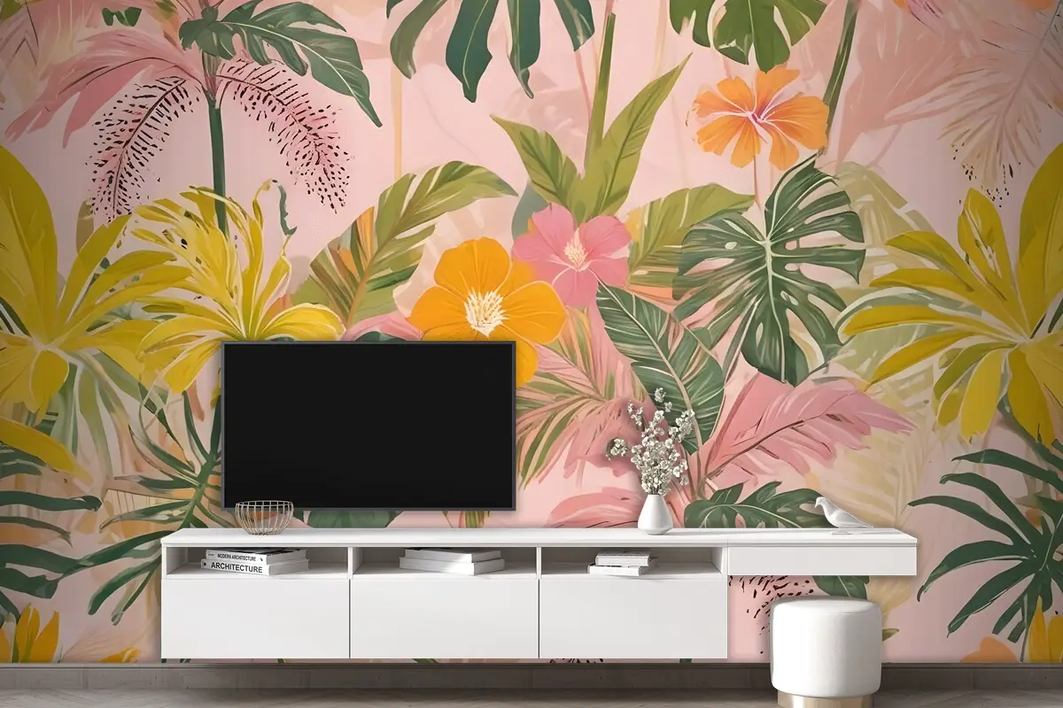 Suluboya Renkli Yaz Tropikal Yaprak Duvar Kağıdı