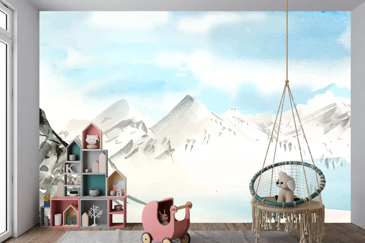 Suluboya Gündüz Dağları Arka Plan Çocuk Odası Duvar Kağıdı 