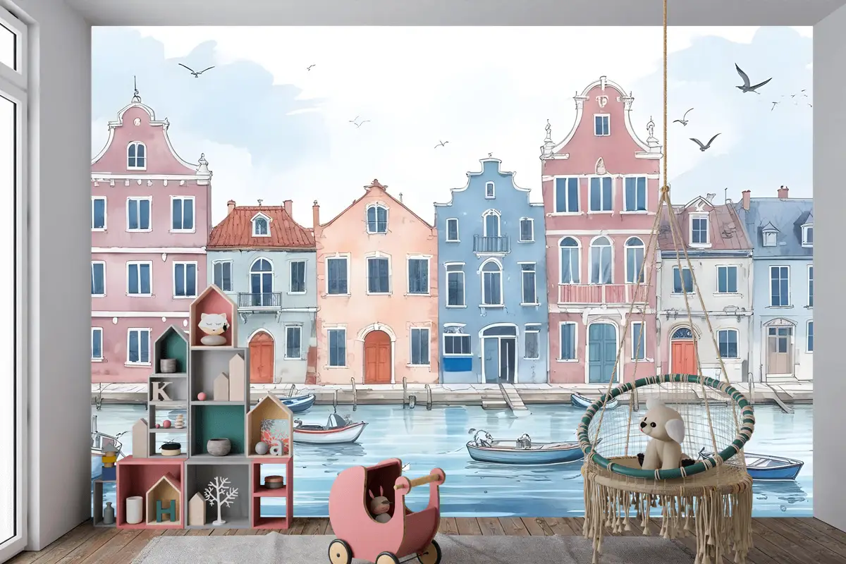 Çocuklar Için Suluboya Hollandalı Evler Çocuk Odası Duvar Kağıdı