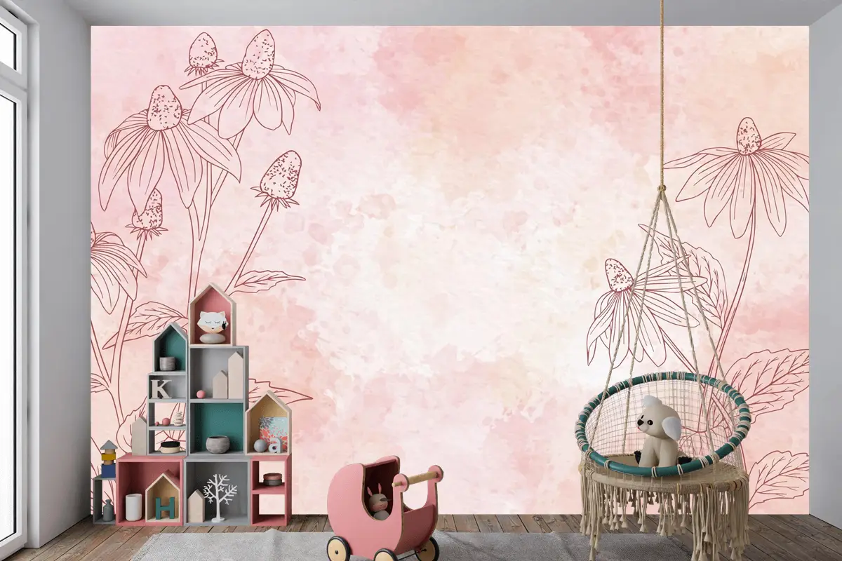 Tek Renkli Çocuk Odası Duvar Kağıdı Nde Suluboya Çiçek Arkaplan