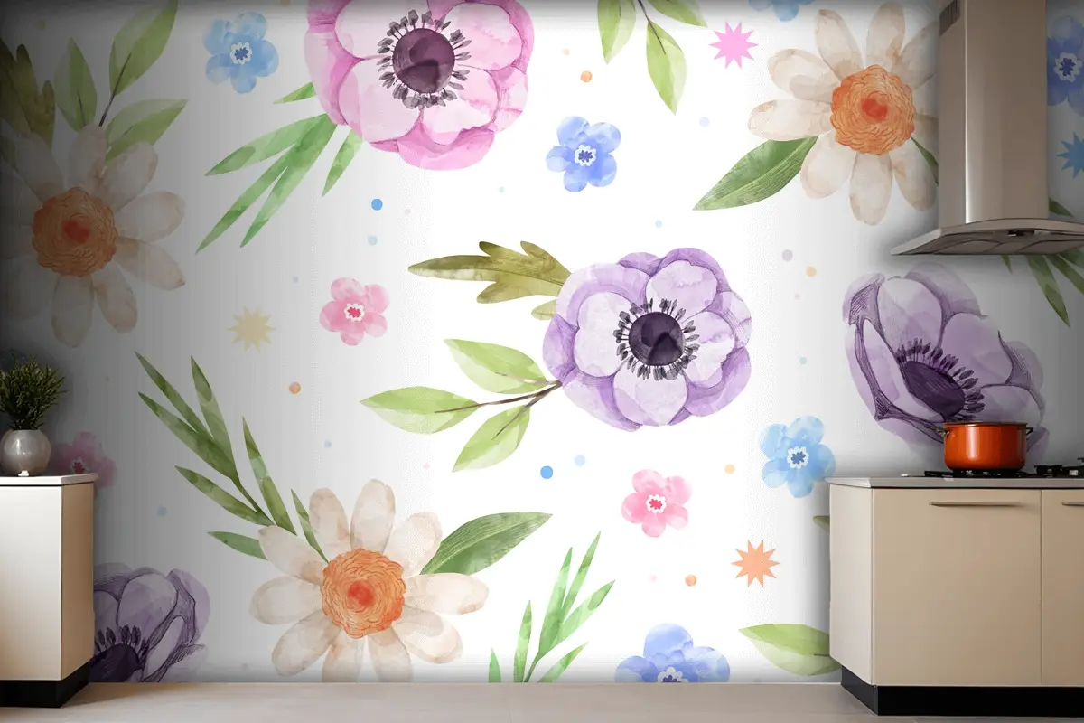 Suluboya Çiçek Mutfak Duvar Kağıdı 