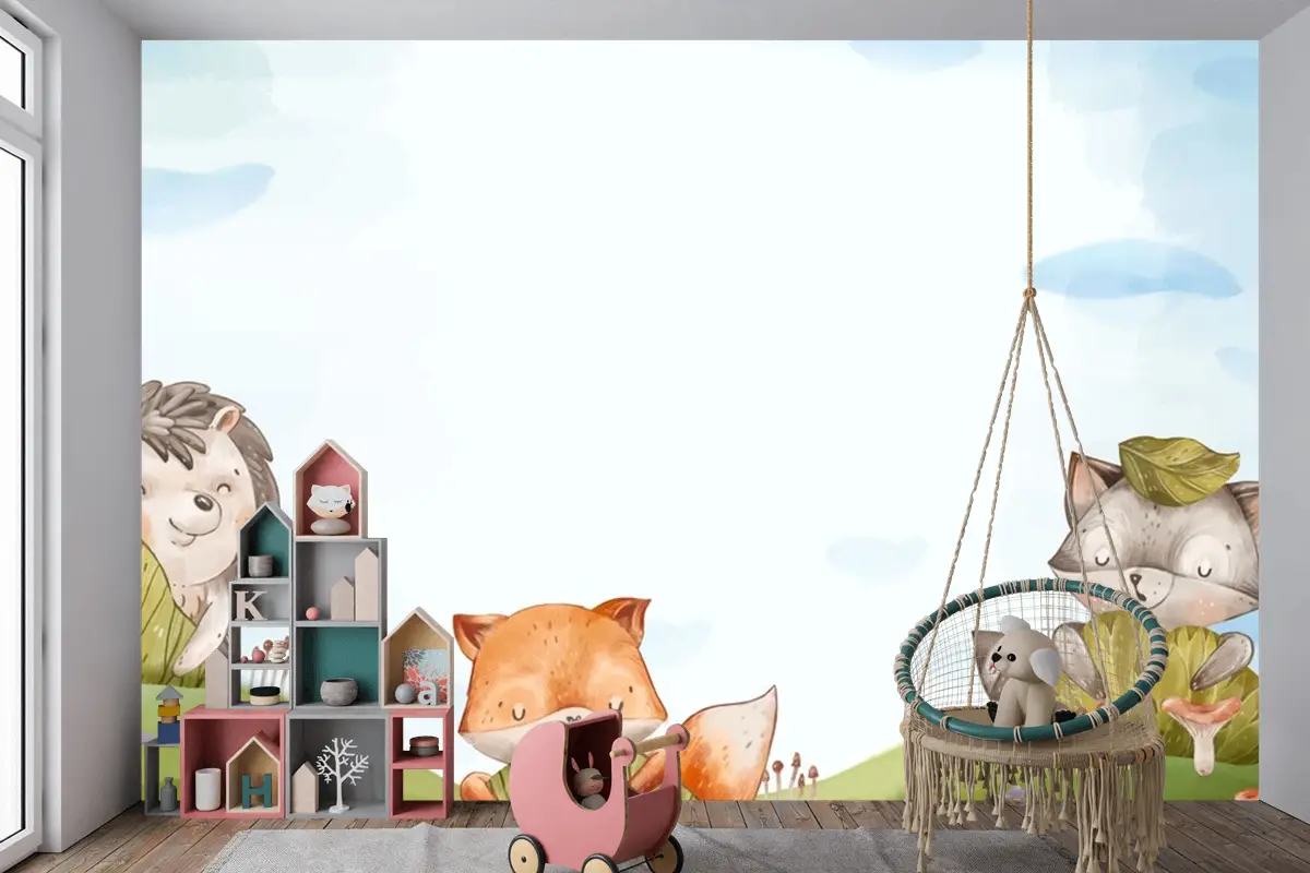 Suluboya Orman Hayvanları Arka Plan Çocuk Odası Duvar Kağıdı 