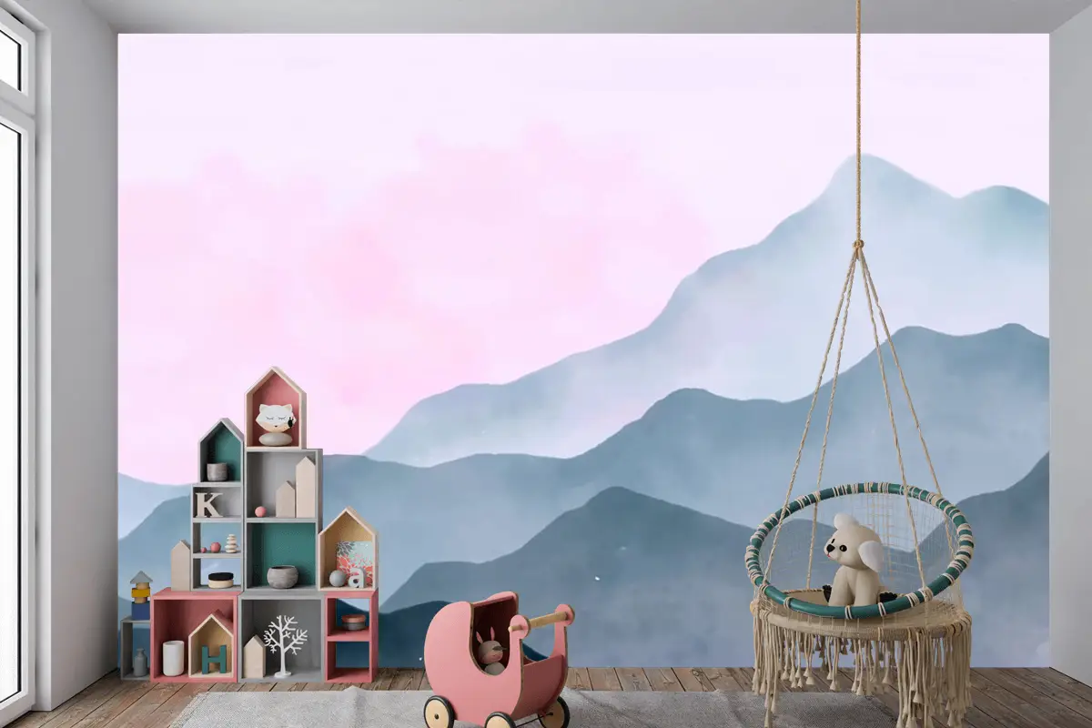 Pembe Gökyüzü Çocuk Odası Duvar Kağıdı  Ile Suluboya Dağlar Arka Plan