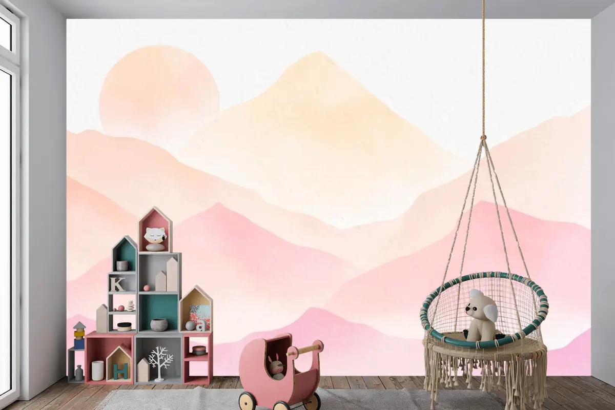 Suluboya Dağları Pembe Arka Plan Çocuk Odası Duvar Kağıdı 