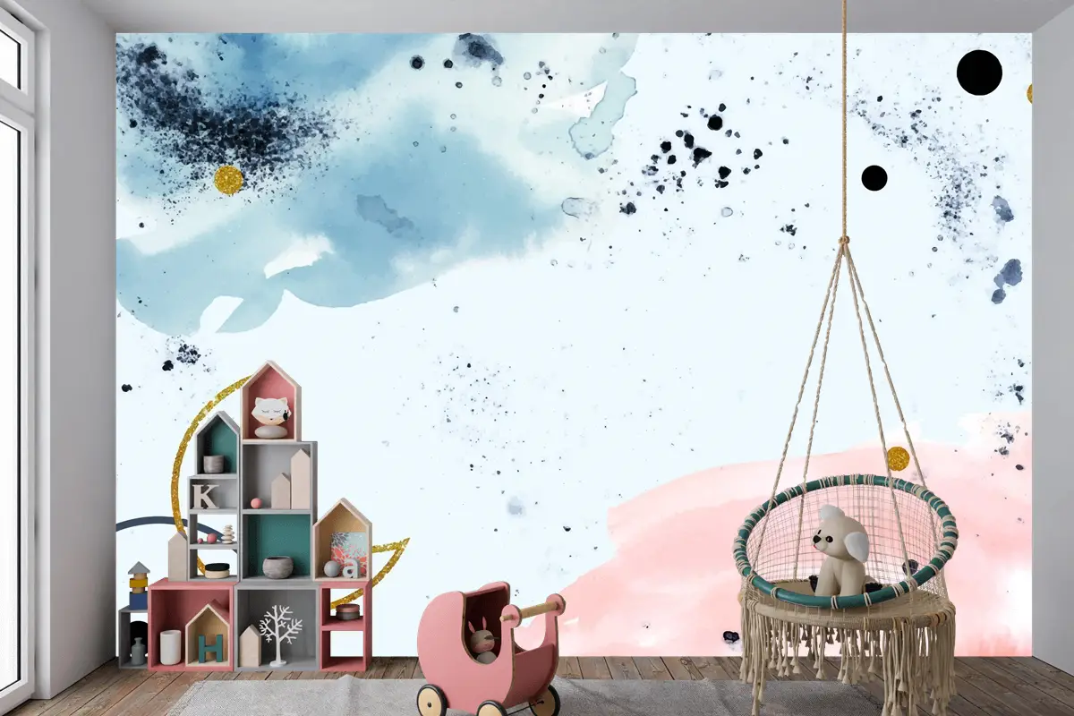 Altın Elementli Suluboya Boyalı Arka Plan Çocuk Odası Duvar Kağıdı