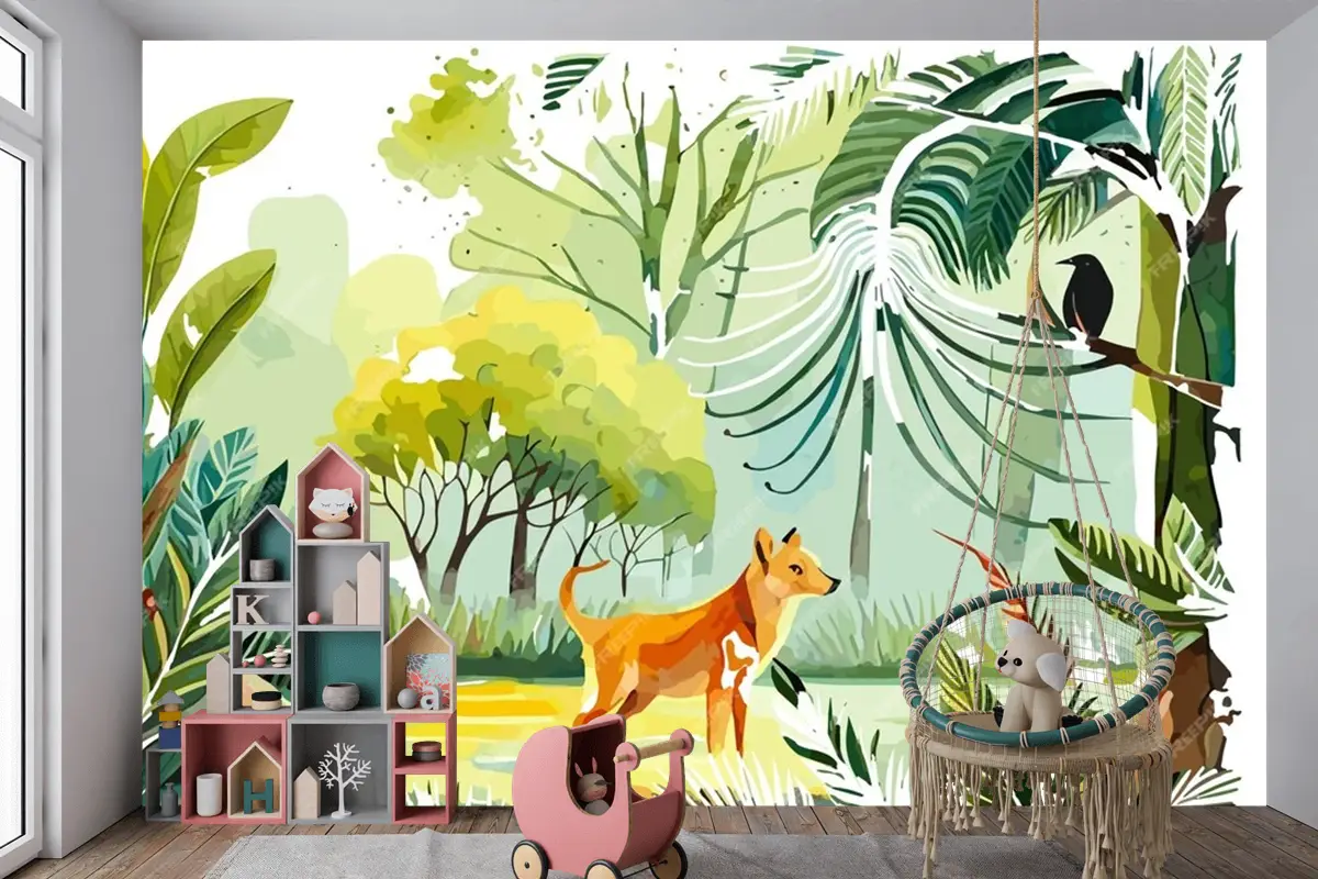 Ormanda Bir Köpek Ve Bir Kuşun Suluboya Resim Çocuk Odası Duvar Kağıdı