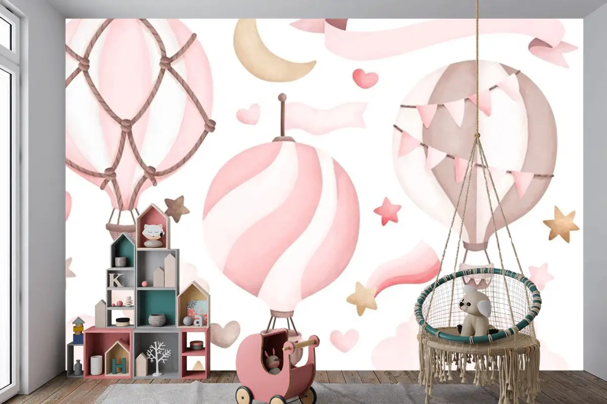 Suluboya Pembe Sıcak Hava Balonu Çocuk Odası Duvar Kağıdı 