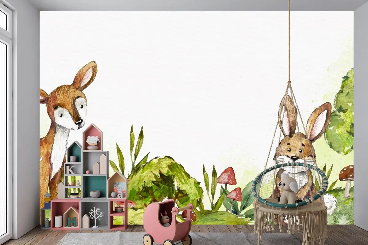 Suluboya Tavşan Ve Ormanda Geyik Çocuk Odası Duvar Kağıdı