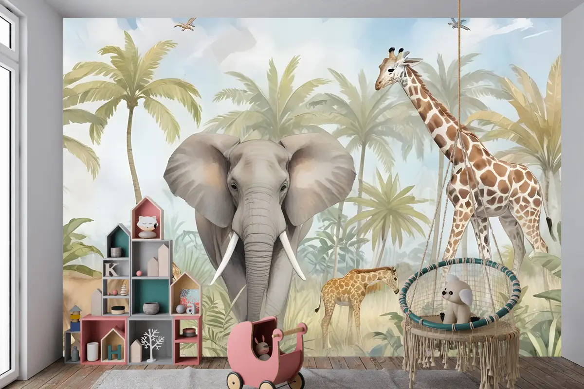 Ormandaki Suluboya Safari Hayvanları Çocuk Odası Duvar Kağıdı 