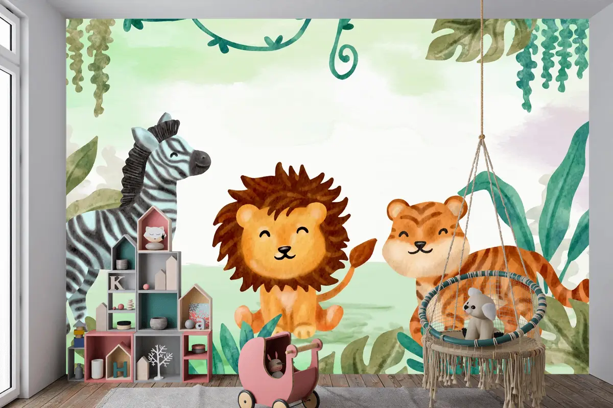 Suluboya Safari Arka Plan Boys Çocuk Odası Duvar Kağıdı 