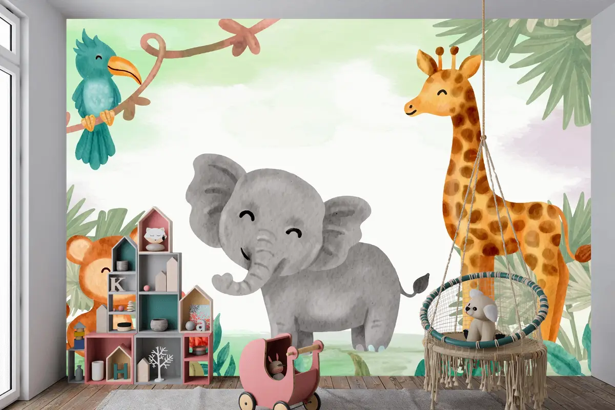 Suluboya Safari Arka Plan Çocuk Odası Duvar Kağıdı 