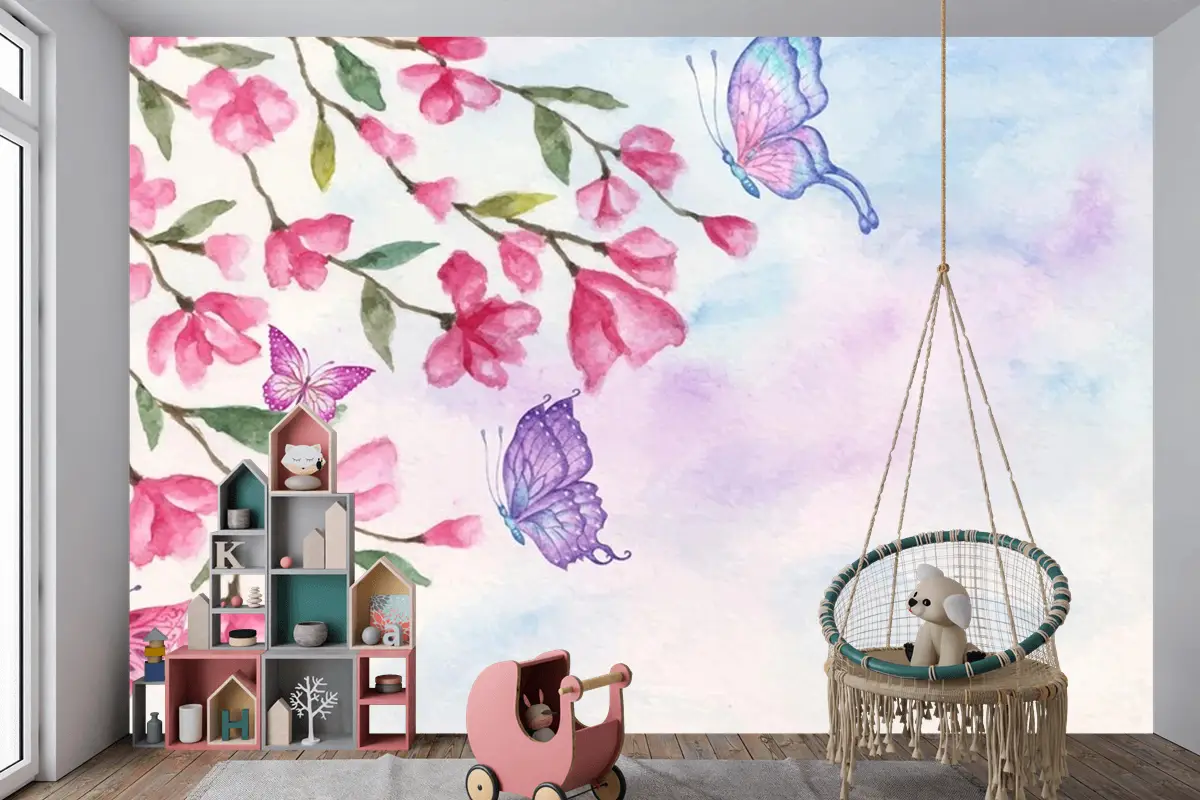 Güzel Kelebekler Çocuk Odası Duvar Kağıdı Ile Suluboya Bahar Manzara Arka Plan
