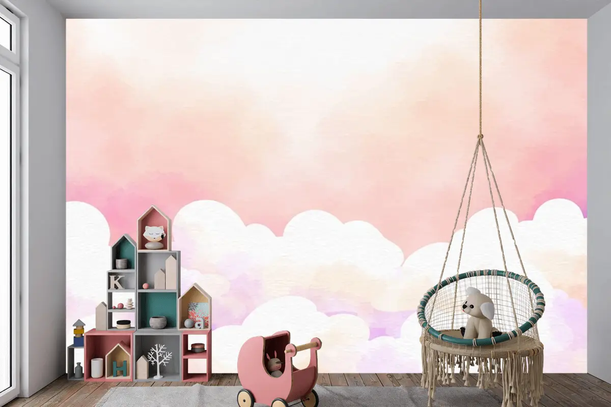 Suluboya Şeker Pamuk Bulutlar Arka Plan Çocuk Odası Duvar Kağıdı