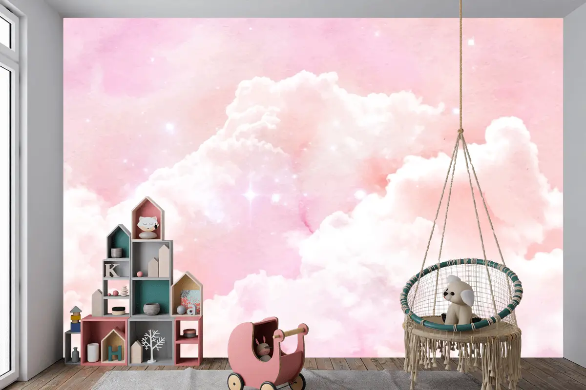 Suluboya Şeker Pamuk Bulutlar Arka Plan Çocuk Odası Duvar Kağıdı 