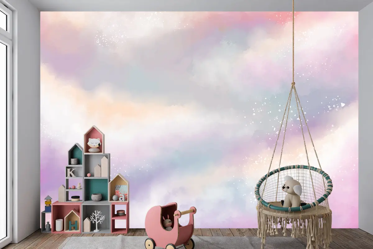 Suluboya Şeker Pamuk Bulutlar Çocuk Odası Duvar Kağıdı