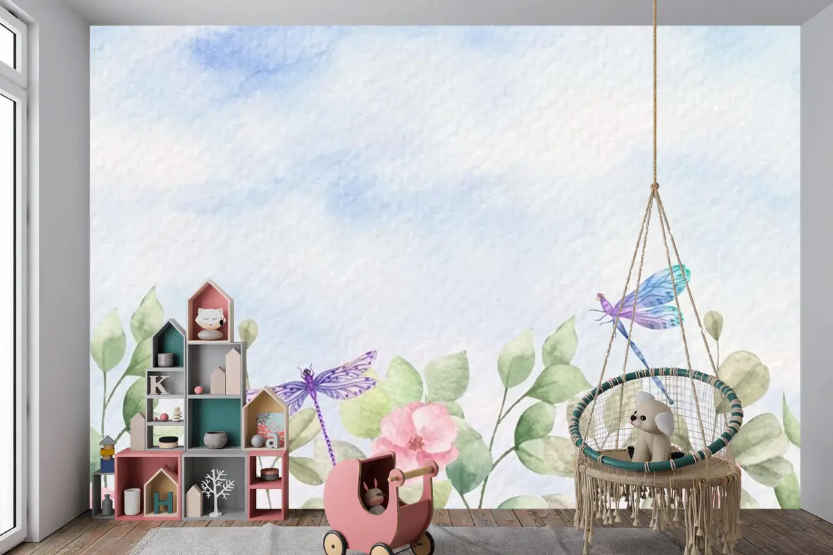 Suluboya Yabani Yapraklar Yusufçuk Çocuk Odası Duvar Kağıdı Ile Manzara Arka Plan