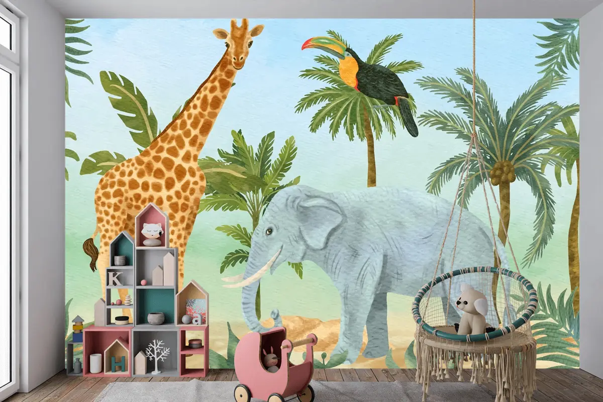 Suluboya Yaban Hayatı Arka Plan Çocuk Boys Çocuk Odası Duvar Kağıdı