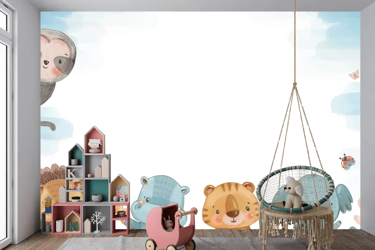 Suluboya Yaban Hayatı Arka Plan Çocuk Odası Duvar Kağıdı 