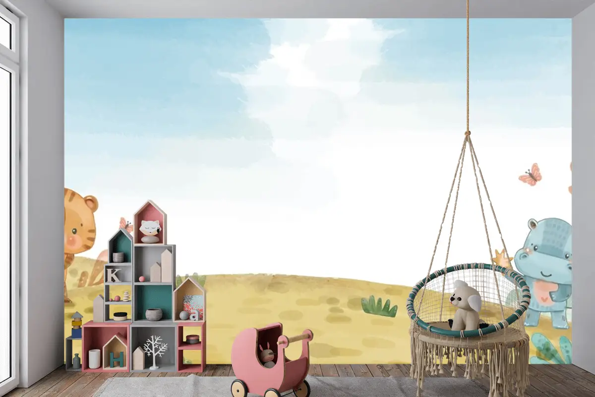 Suluboya Yaban Hayatı Arka Plan Çocuk Odası Duvar Kağıdı 
