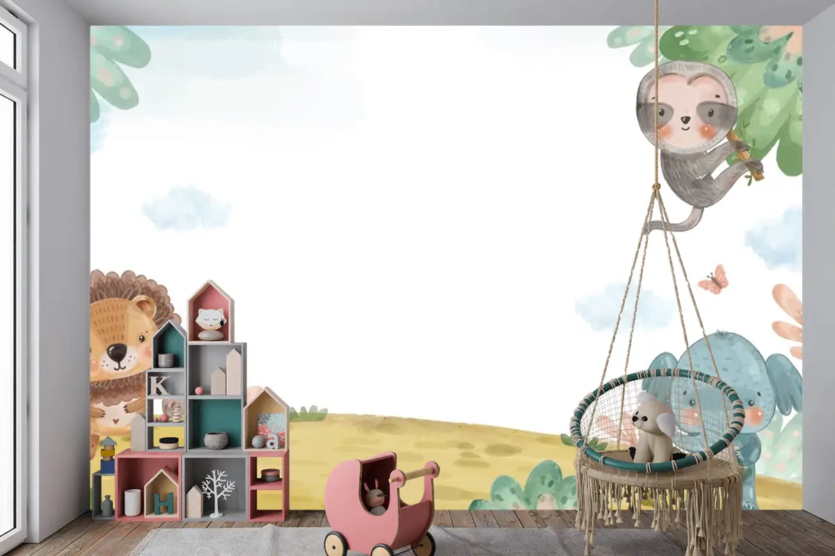 Suluboya Yaban Hayatı Arka Plan Çocuk Odası Duvar Kağıdı 