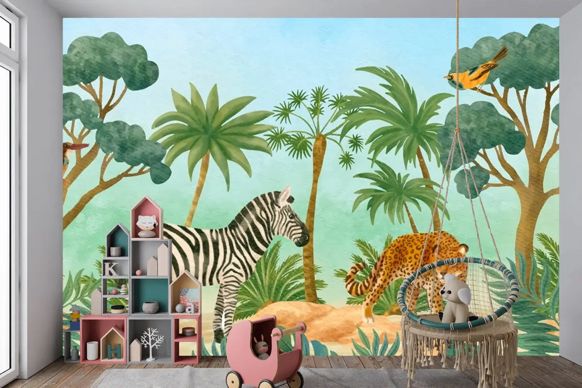 Suluboya Yaban Hayatı Arka Plan Çocuk Odası Duvar Kağıdı 