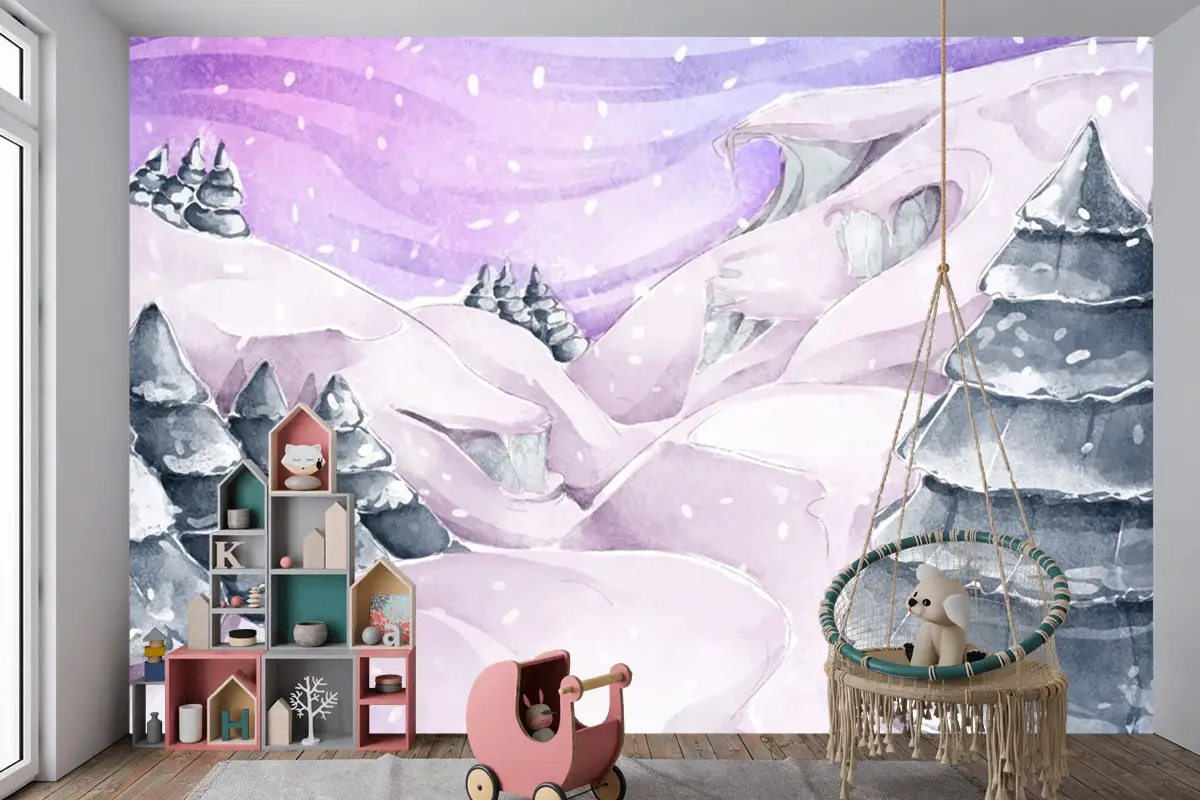 Çam Ağaçları Ile Suluboya Kış Manzarası Çocuk Odası Duvar Kağıdı