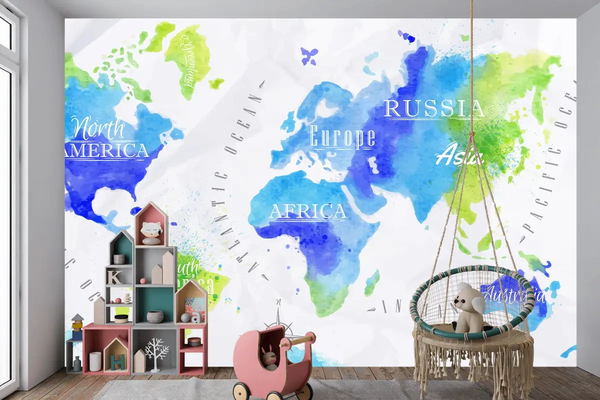 Suluboya Dünya Haritası Çocuk Odası Duvar Kağıdı 