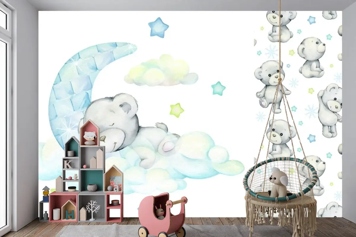 Beyaz Ayı Ay'da ve Bulutlarda Uyur Çocuk Odası Duvar Kağıdı