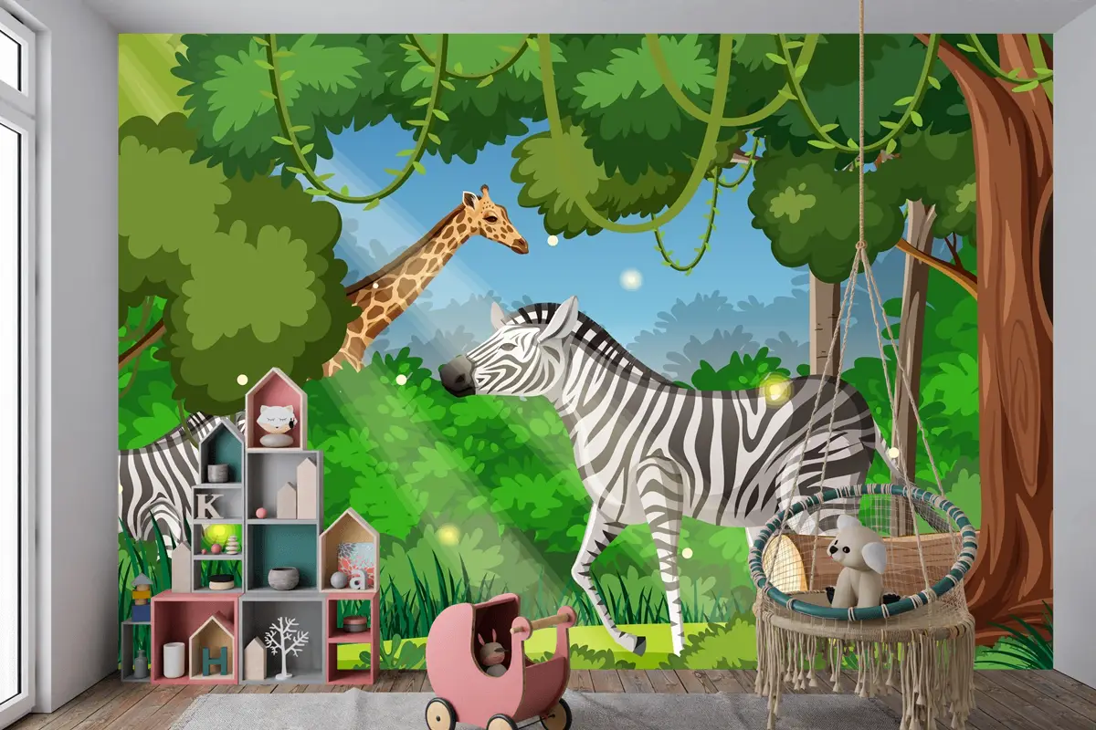 Ormandaki Vahşi Hayvanlar Manzara Çocuk Odası Duvar Kağıdı 