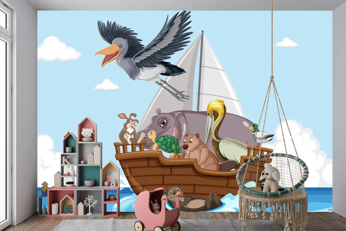 Bir Teknede Vahşi Hayvanlar Çocuk Odası Duvar Kağıdı