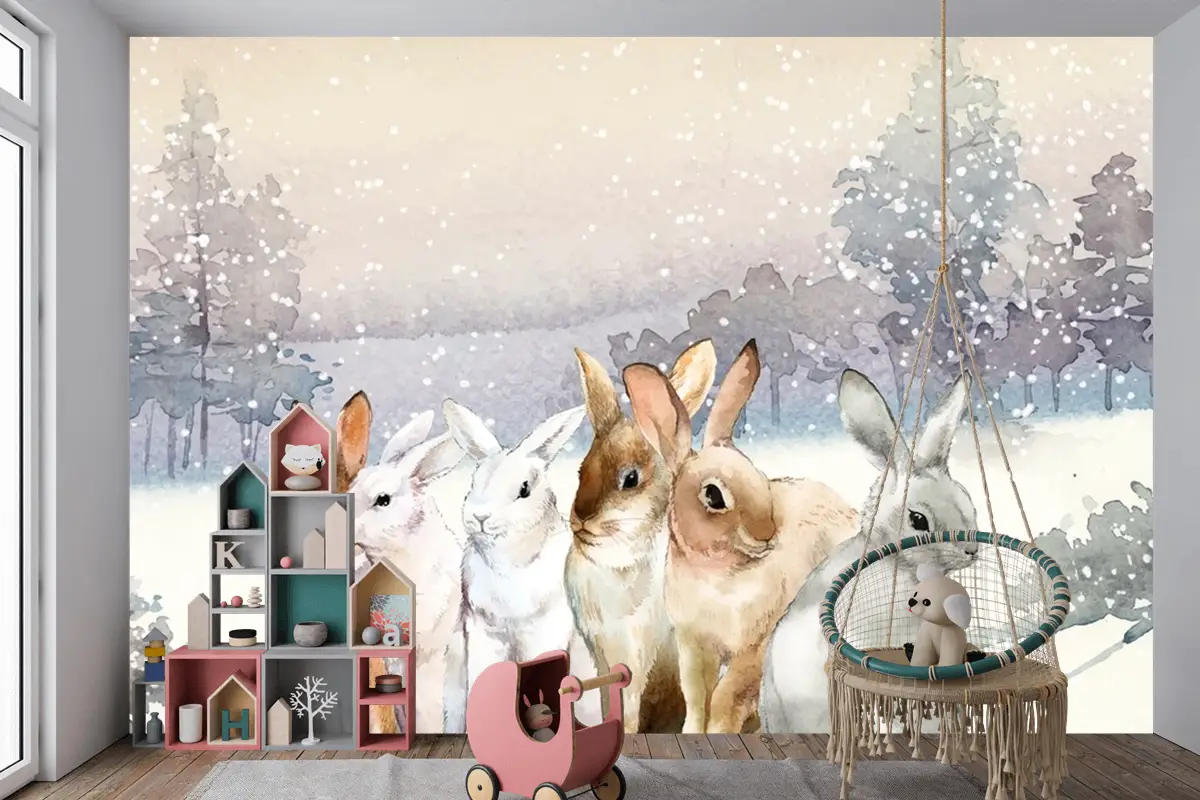 Kışın Karda Vahşi Tavşanlar Suluboya Çocuk Odası Duvar Kağıdı  Ile Boyanmış