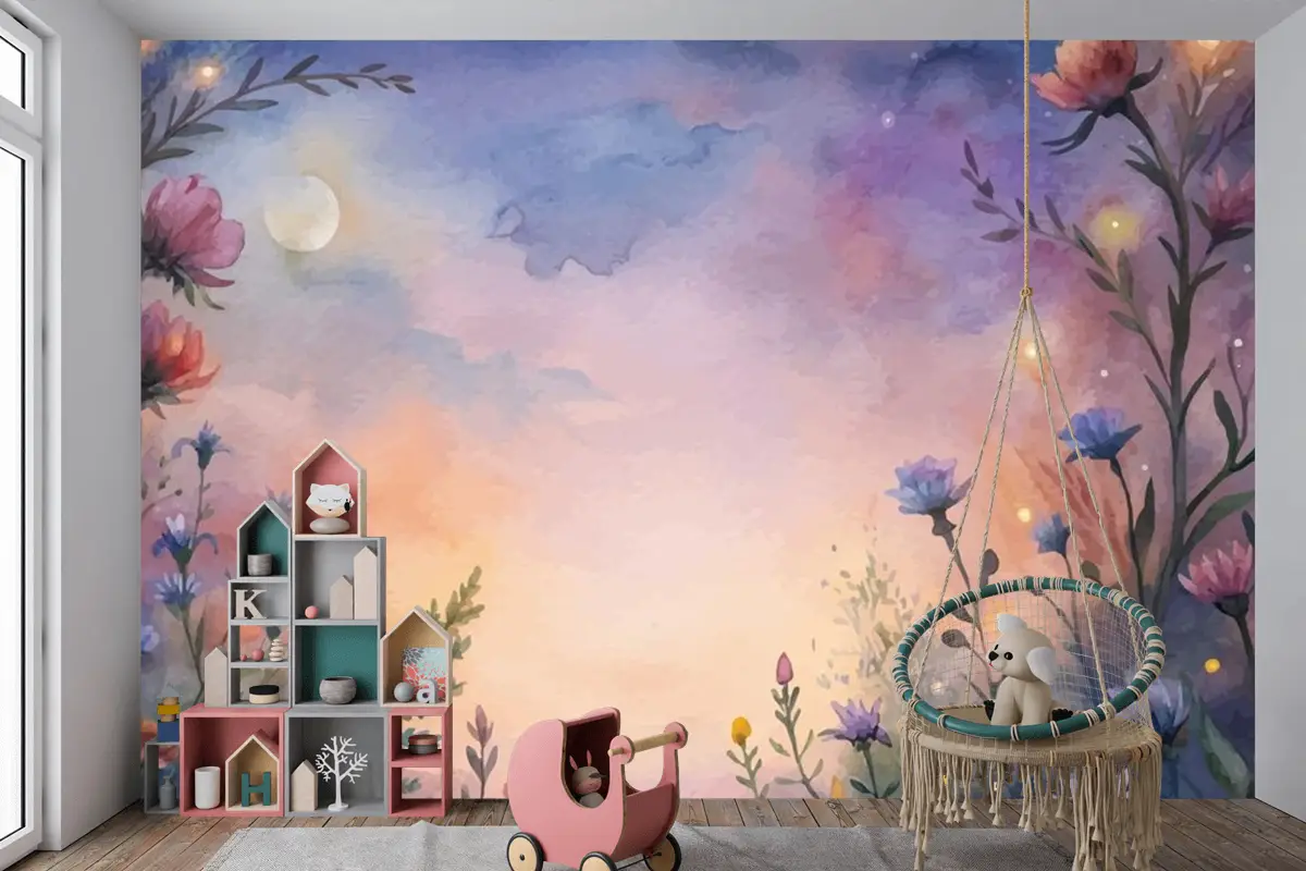 Gün Batımında Kır Çiçeği Suluboya Arka Plan Çocuk Odası Duvar Kağıdı