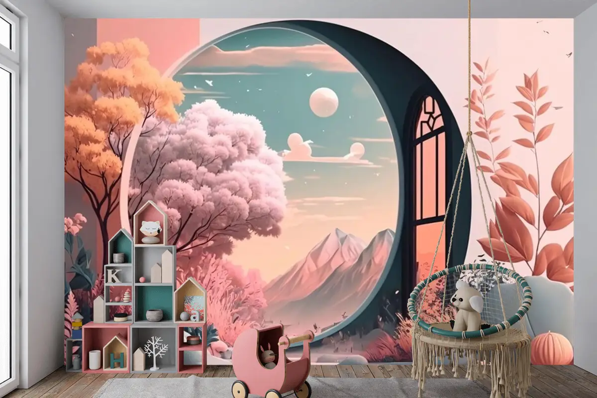 Manzara Manzaralı Pencere Çocuk Odası Duvar Kağıdı 