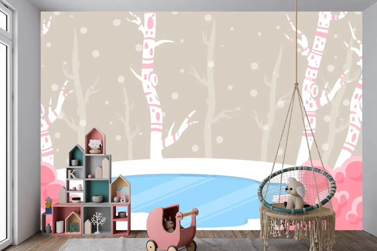 El Çizimi Çocuk Odası Duvar Kağıdı Duvarında Kış Konsepti