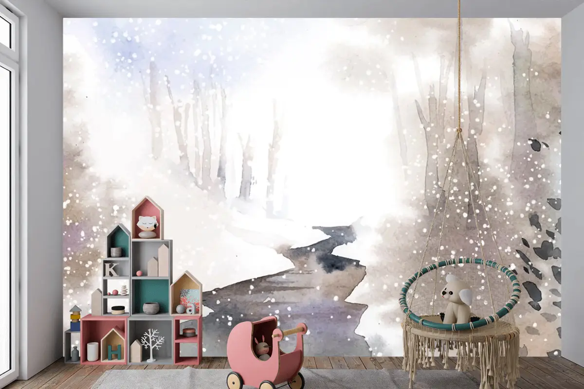 Kış Harikalar Diyarı Manzarası Suluboya Çocuk Odası Duvar Kağıdı  Ile Boyalı