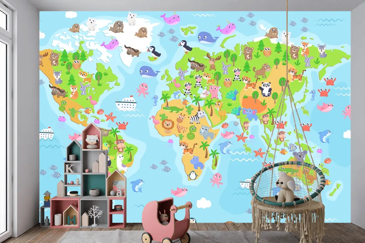 Çocuklar Için Hayvanlarla Dünya Haritası Çocuk Odası Duvar Kağıdı