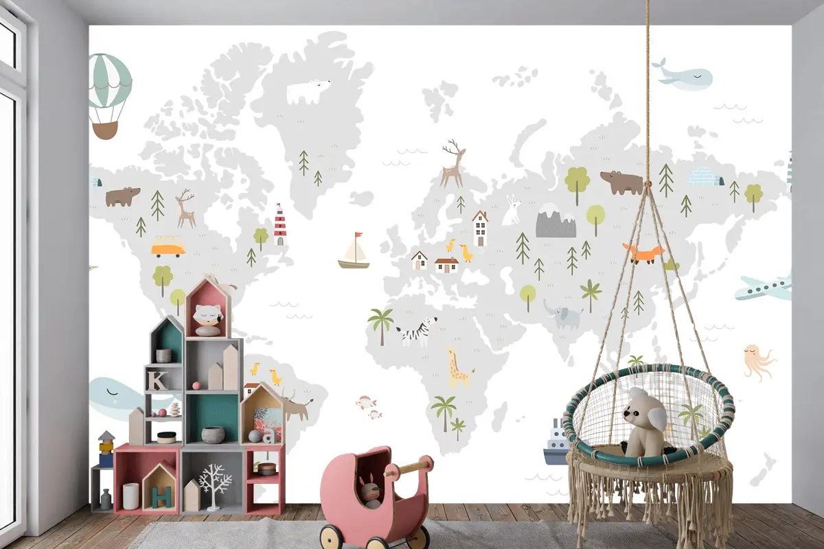 Hayvan Evleri Doğa Elemanları Çocuk Odası Duvar Kağıdı Ile Dünya Haritası