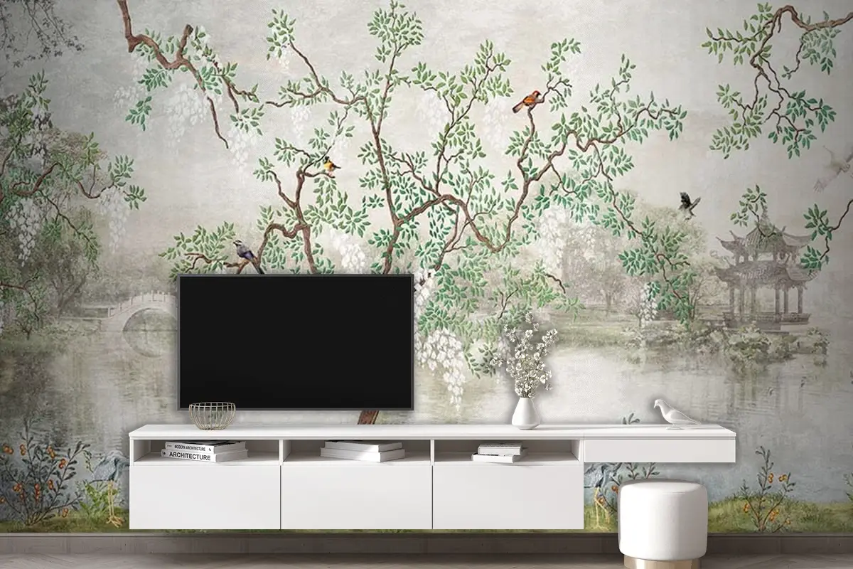 Yağlı Boya Tarz Ağaçlar ve Yapraklar Duvar Kağıdı