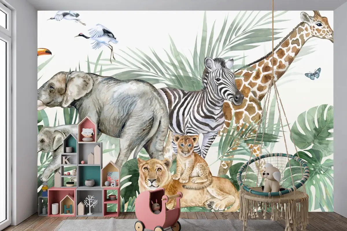 Yapraklar Tropikal Kuşlar Safari Hayvanları Çocuk Odası Duvar Kağıdı Yapraklar Tropikal Kuşlar Safari Hayvanları Çocuk Odası Duvar Kağıdı