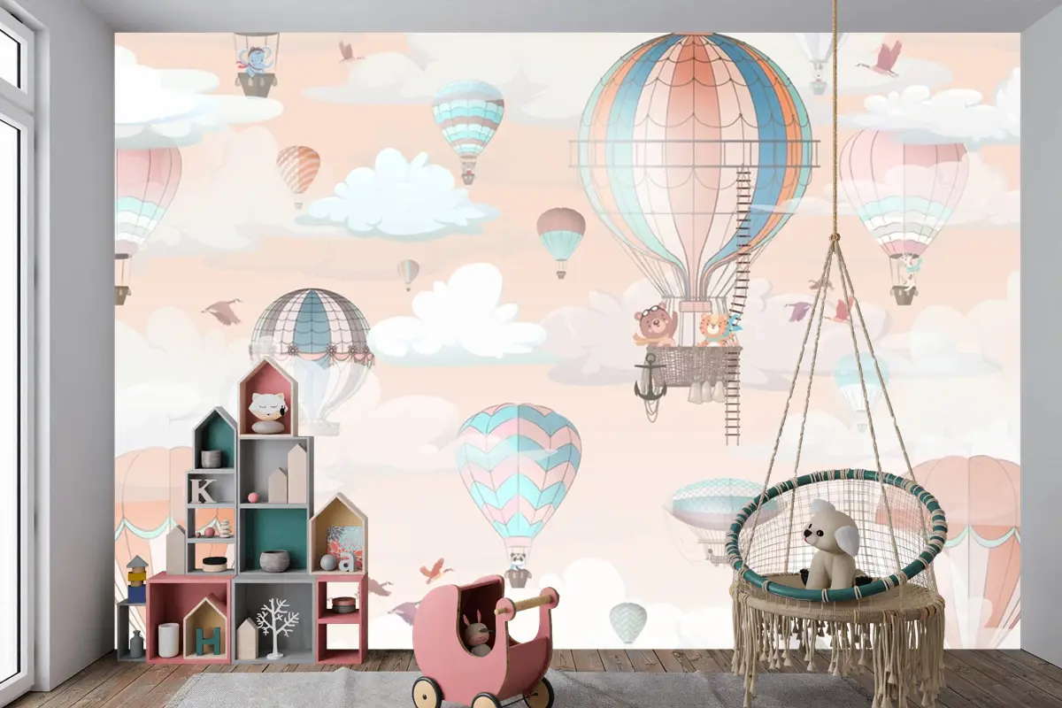 Yumuşak Pembe Sıcak Hava Balonları Bebek Odası Duvar Kağıdı
