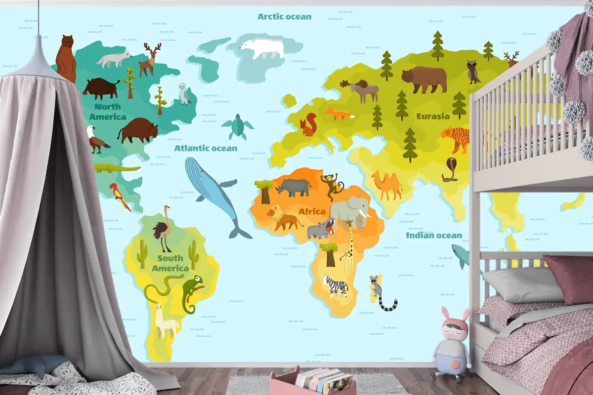 Kıtalar Çocuk Odası Duvar Kağıdı  Olan Çocuklar İçin Komik Karikatür Hayvan Dünya Haritası
