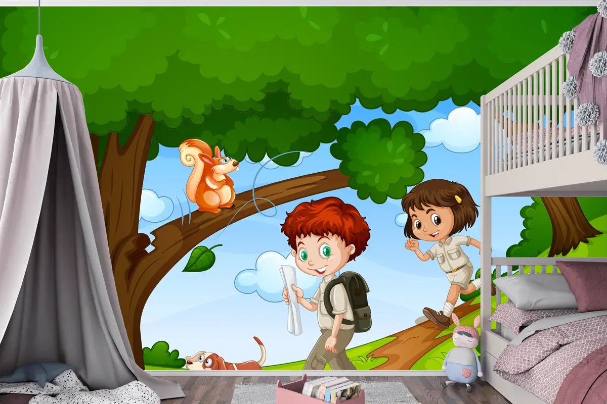 Erkek Ve Kız Sevimli Hayvan Sahnesi Çocuk Odası Duvar Kağıdı Yle Parkta Keyfini Çıkarıyor
