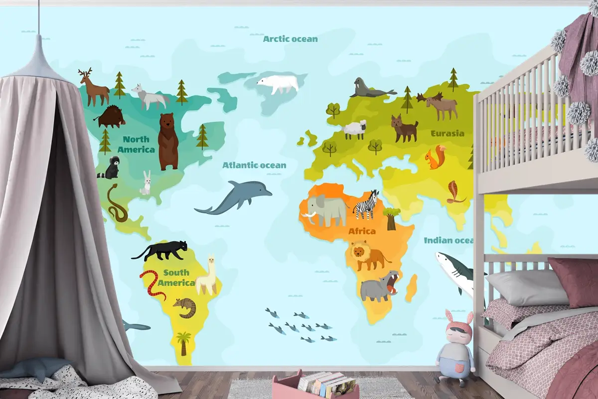 Farklı Hayvan Çocuk Odası Duvar Kağıdı  Ile Dünya Haritası