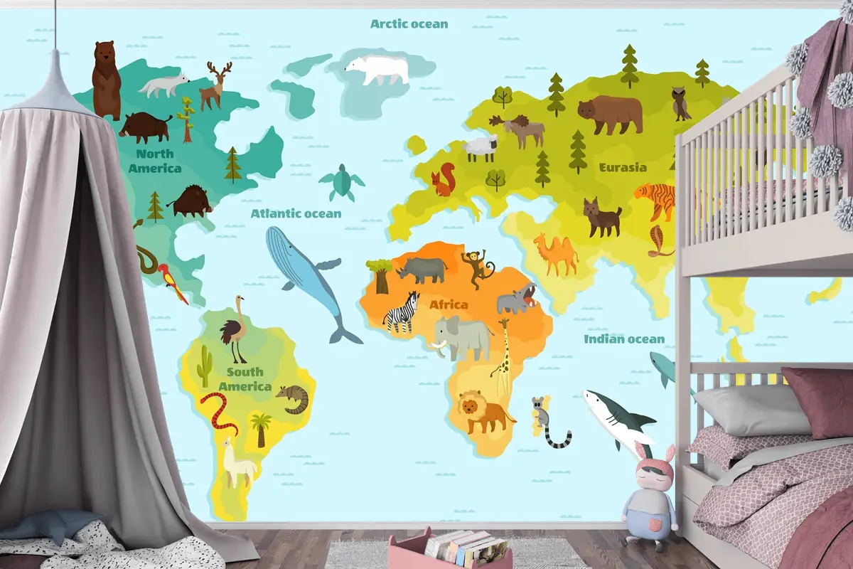 Farklı Hayvan Çocuk Odası Duvar Kağıdı  Ile Dünya Haritası