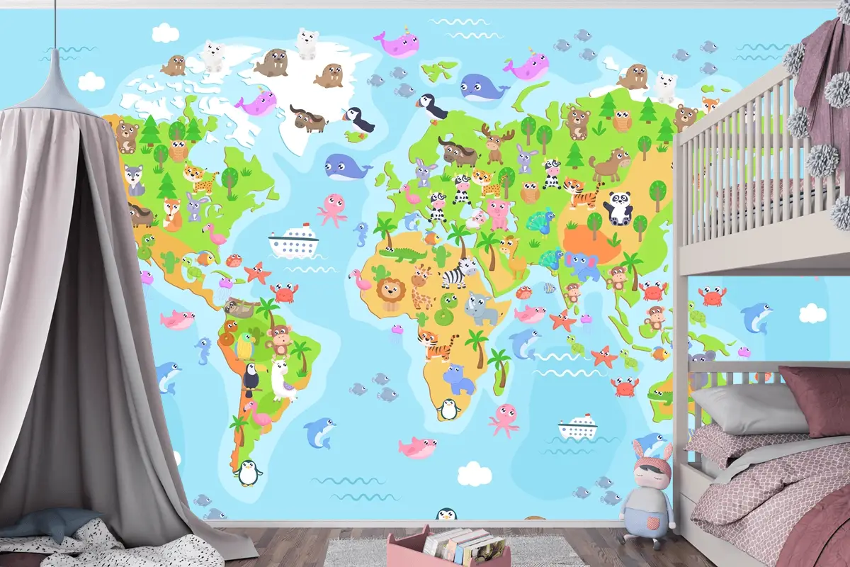 Çocuklar Için Hayvanlarla Dünya Haritası Çocuk Odası Duvar Kağıdı
