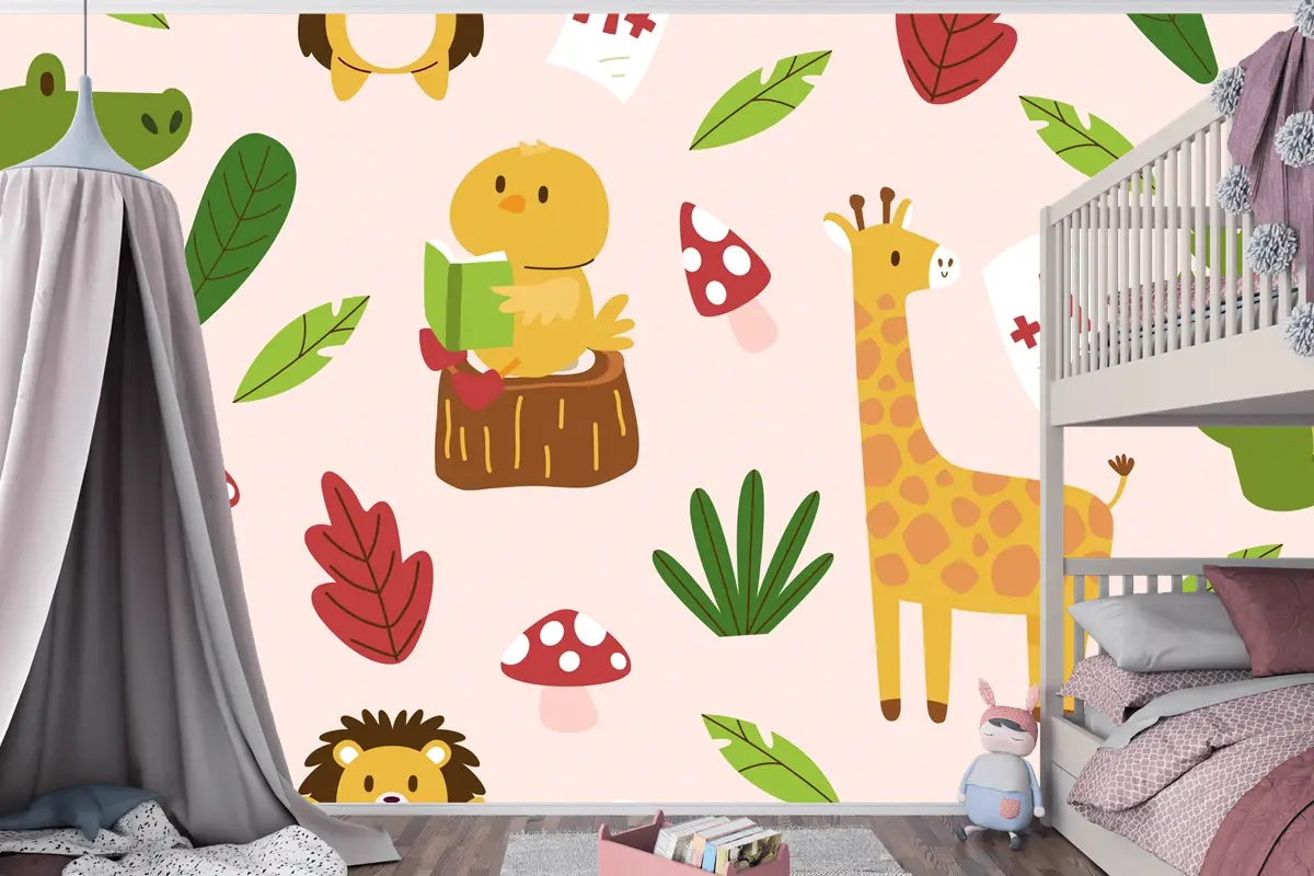 Elle Çizilmiş Çocuksu Hayvanlar Desen Çocuk Odası Duvar Kağıdı 