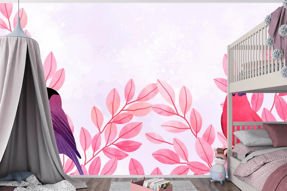 Dallarda Oturan Kuşların Güzel Suluboya Çocuk Odası Duvar Kağıdı