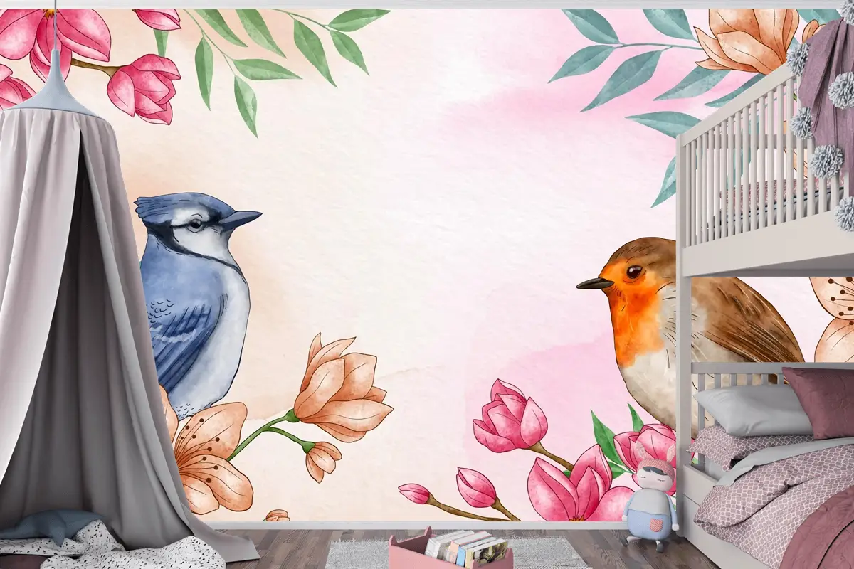 El Boyalı Suluboya Çiçek Kuşlar Arka Plan Çocuk Odası Duvar Kağıdı 