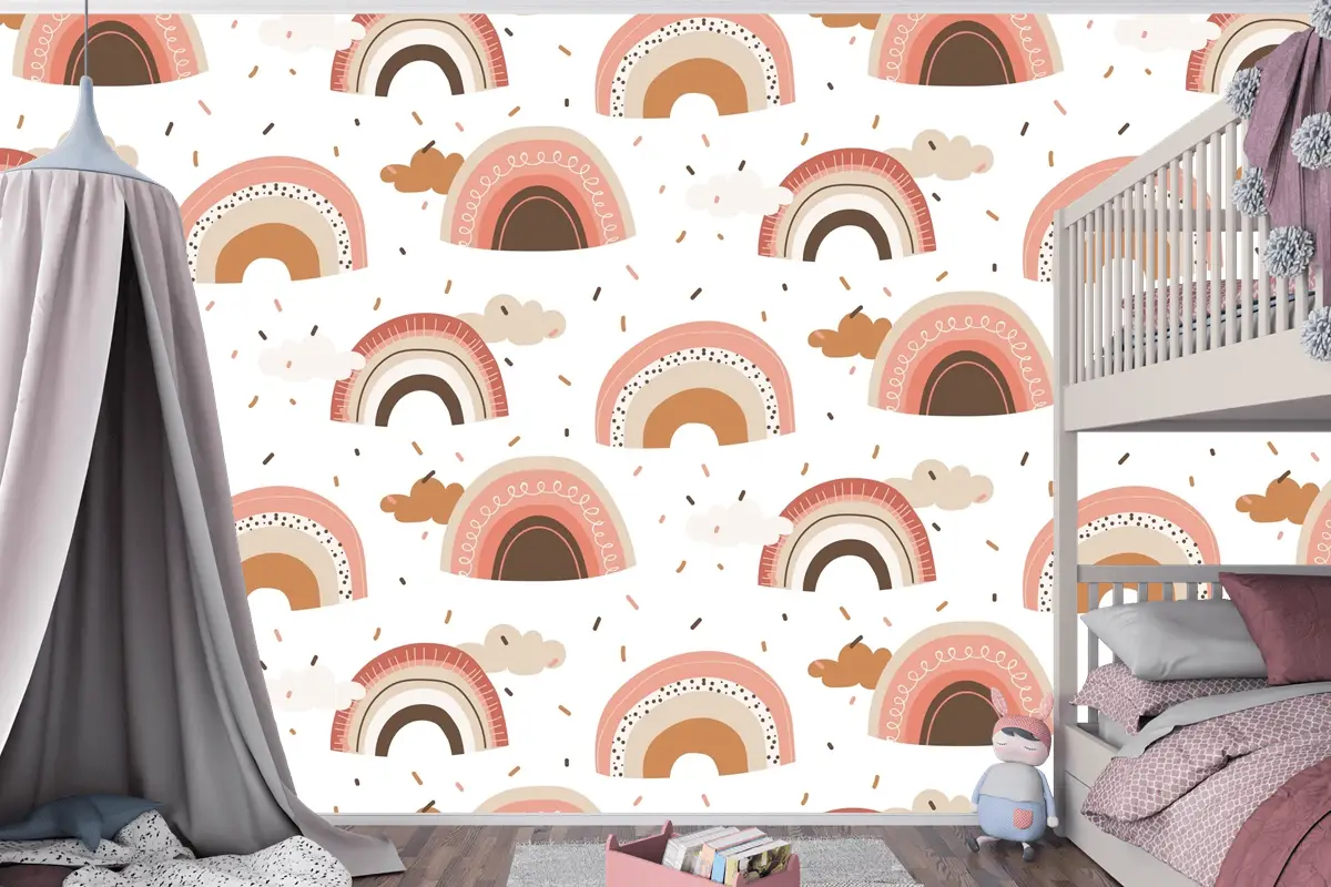 Elle Çizilmiş Gökkuşağı Desen Tasarımı Çocuk Odası Duvar Kağıdı