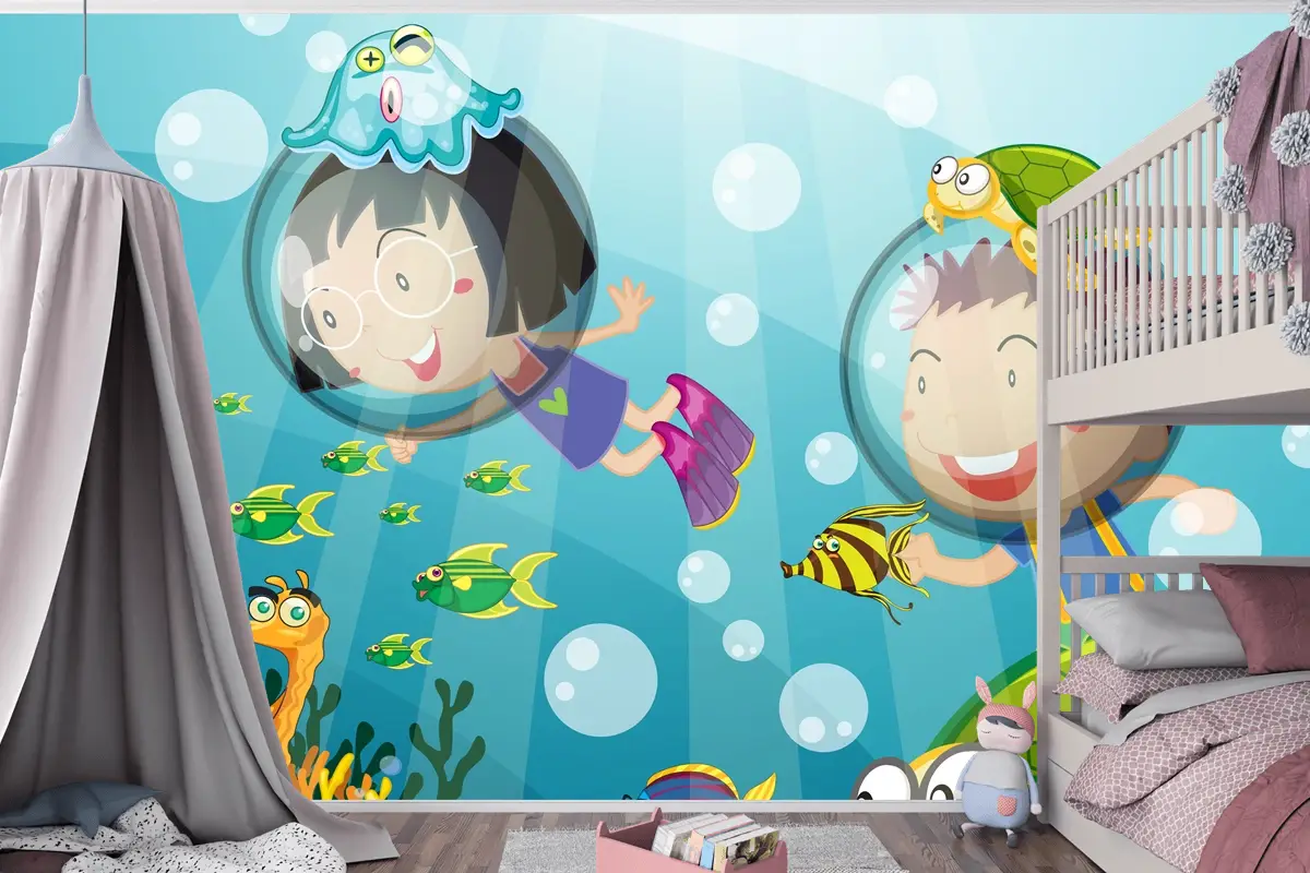 Mutlu Çocuklarla Sualtı Sahnesi Tüplü Dalış Çocuk Odası Duvar Kağıdı